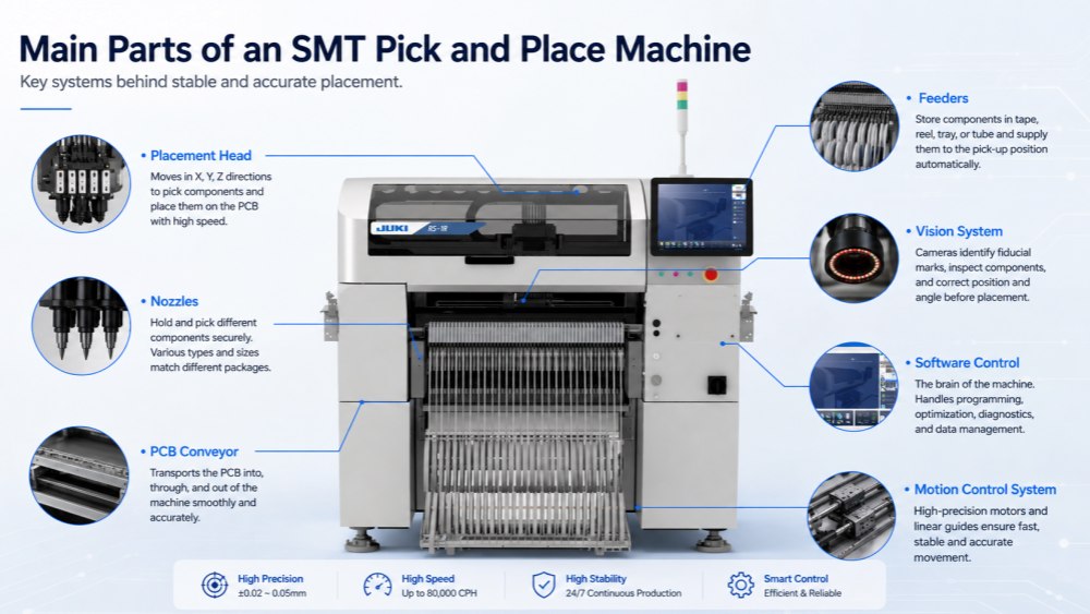 Main Parts of SMT Pick and Place Machine Partes principais da máquina pick and place SMT