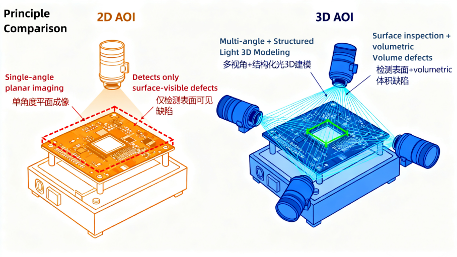 Comparação de princípios de 2D VS 3D AOI