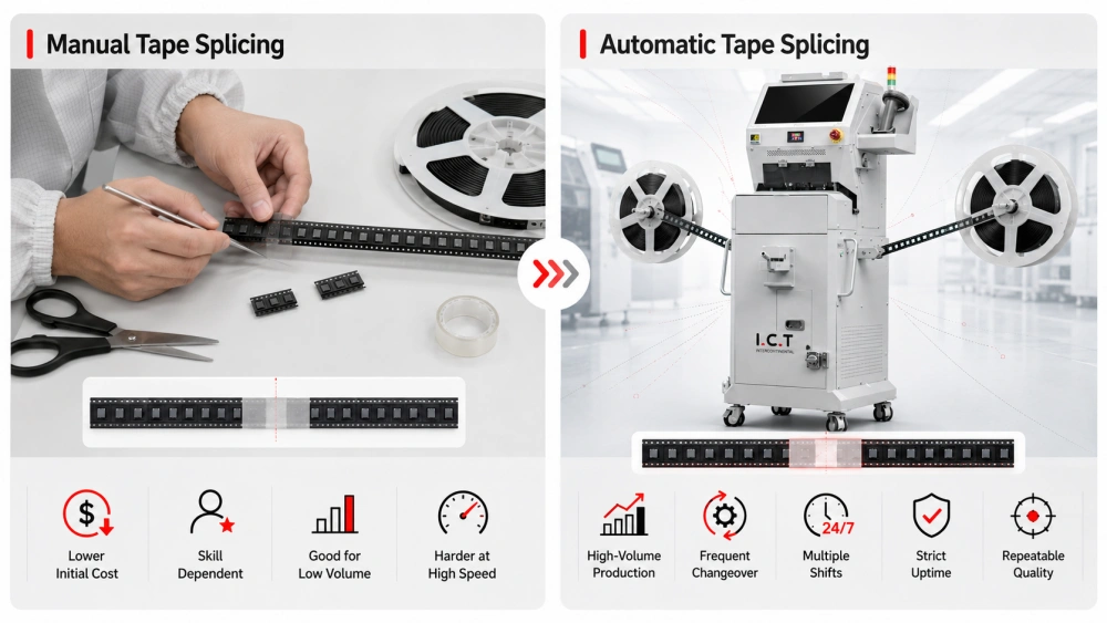 Processo de emenda de fita manual vs autom&aacute;tica.webp