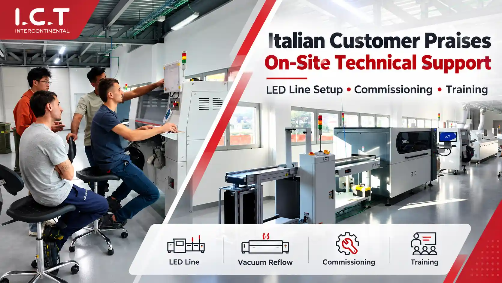 Fabricante italiano LED elogia I.C.T suporte t&eacute;cnico no local para nova linha de produ&ccedil;&atilde;o LED.webp